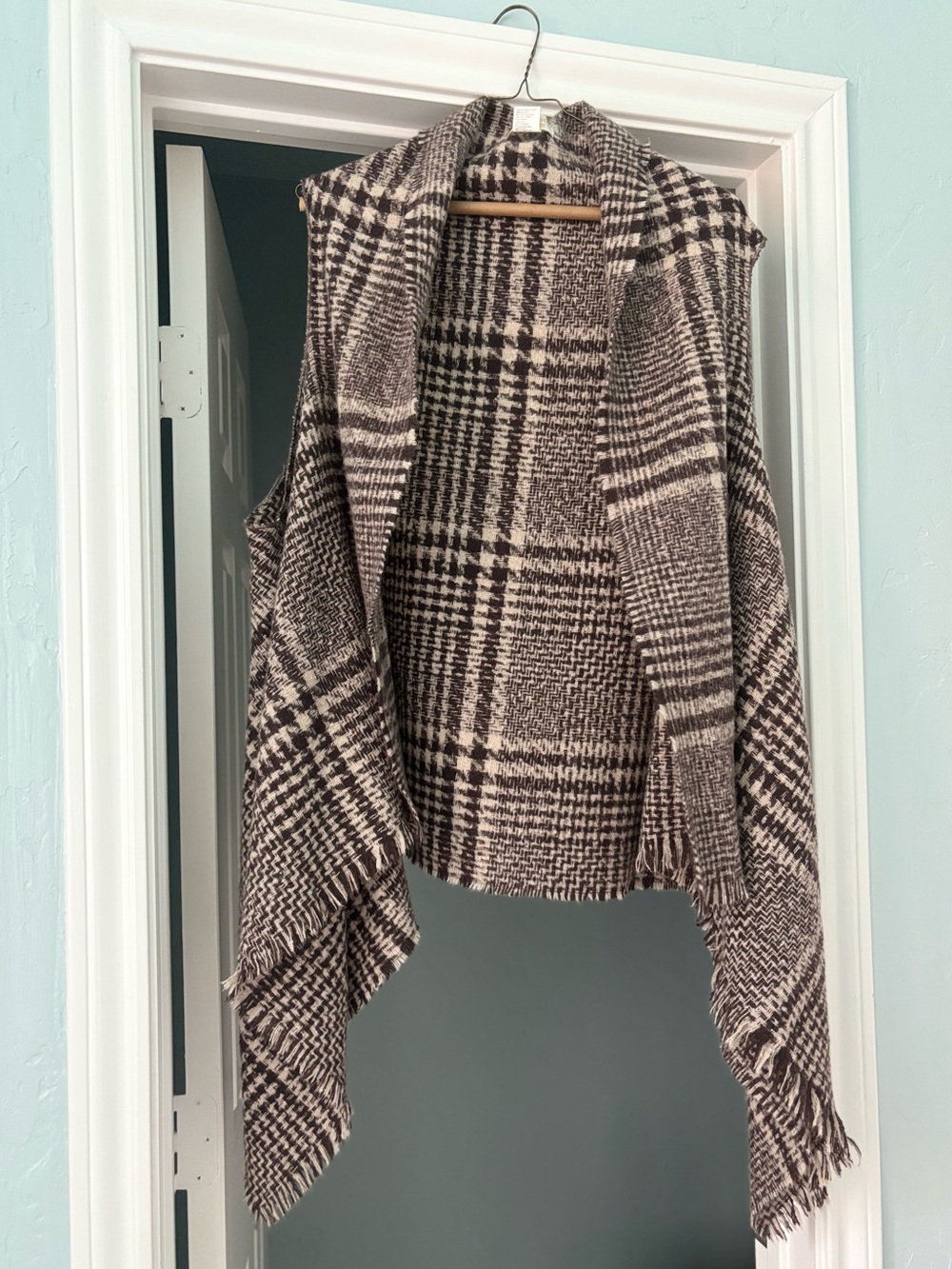Seven Island Plus One Size Plaid Open-Front Knit Poncho Vest in Brown and Cream